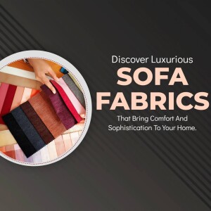 Close-up of various sofa fabric swatches with a hand selecting one.
