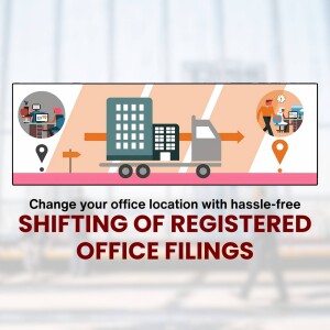 Illustration of office relocation with trucks and office buildings