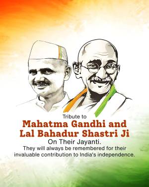 Portrait of Mahatma Gandhi and Lal Bahadur Shastri with a tribute message.