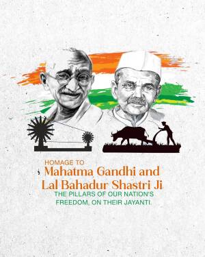 Portrait of Mahatma Gandhi and Lal Bahadur Shastri Ji with Indian flag and rural imagery