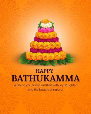 Colorful Bathukamma floral arrangement with festive greetings
