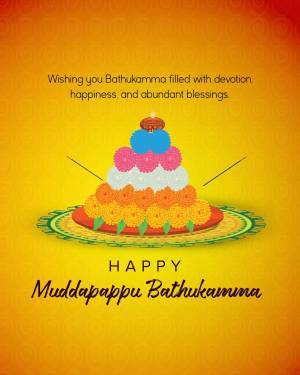 Colorful Bathukamma floral arrangement with festive greetings