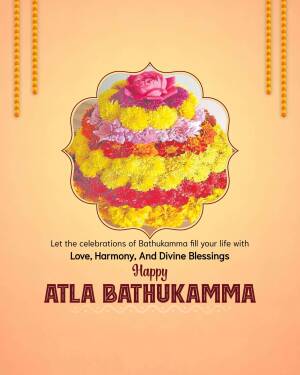 Colorful Bathukamma floral arrangement with text wishing Happy Bathukamma