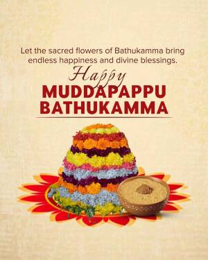 Bathukamma festival greeting with flower pyramid and traditional food