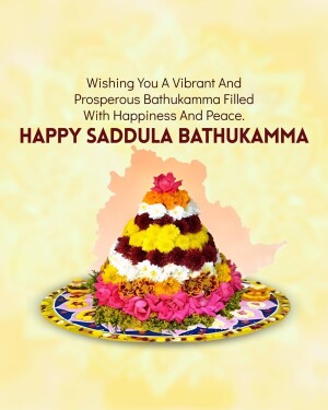 Image of a traditional Bathukamma floral arrangement with a map of Telangana in the background.