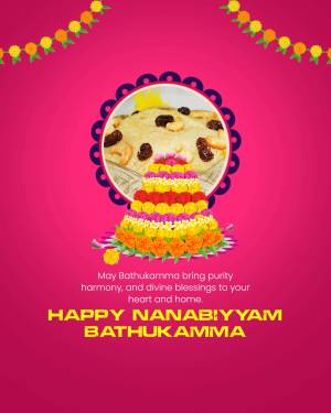 Bathukamma festival greeting with floral cone and sweets