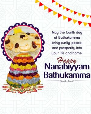 Bathukamma festival greeting with traditional flower stack and sweets