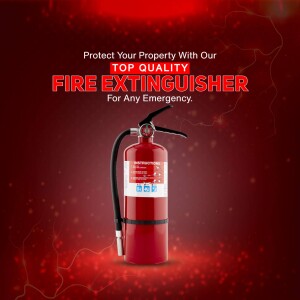 Red fire extinguisher with lightning bolts in the background and text promoting fire safety.