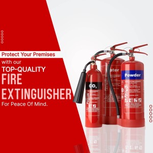 Three fire extinguishers - CO2 and Powder - against a red and white background with text promoting fire safety.