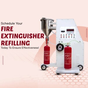 Fire extinguisher refilling machine with red extinguishers