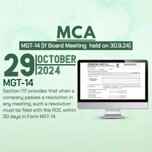 Image displaying a reminder for MGT-14 form filing with the MCA, including the deadline of October 29, 2024.