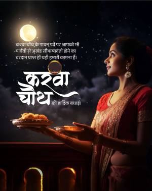 A woman observing Karwa Chauth, looking at the moon with a thali of offerings.
