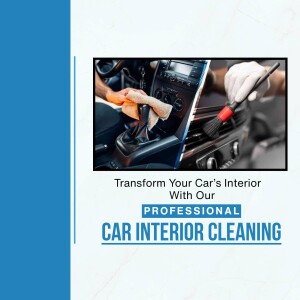 Close-up of a car interior being professionally cleaned with tools and cleaning products.