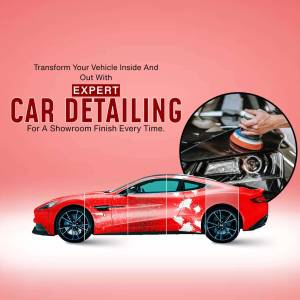 Red car with detailing text overlay and image of car polishing