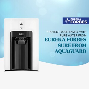 Eureka Forbes Sure From Aquaguard water purifier on a blue background