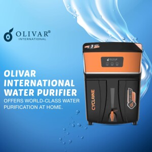 Olivar International Cyclone Water Purifier with blue water splash background