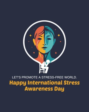 Illustration depicting a split face representing inner turmoil and a person seeking peace, promoting stress awareness.