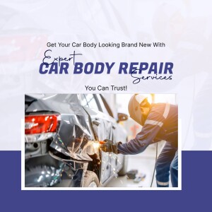 Car body repair services with a technician working on a damaged vehicle.