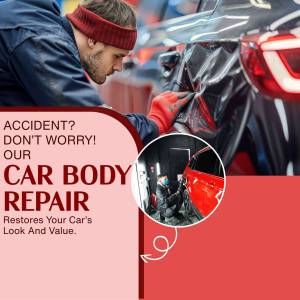 Car body repair technician working on a vehicle with text overlay promoting repair services.