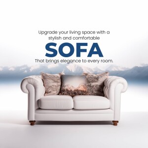 White sofa with mountain backdrop, advertising comfortable furniture