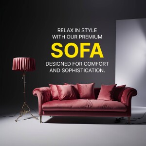 A stylish red velvet sofa with pillows and a floor lamp.