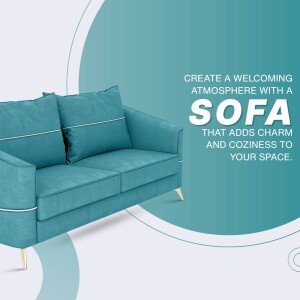 A teal colored sofa with a modern design and gold legs.