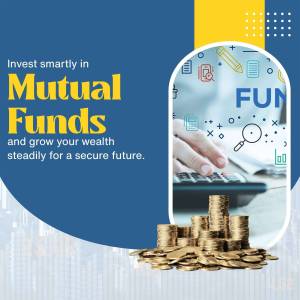 Image promoting investment in mutual funds with coins and financial tools.