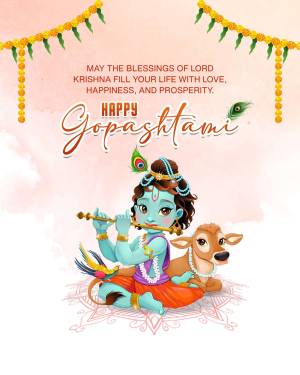 Illustration of Lord Krishna with a calf and peacock feathers, wishing a Happy Gopashtami