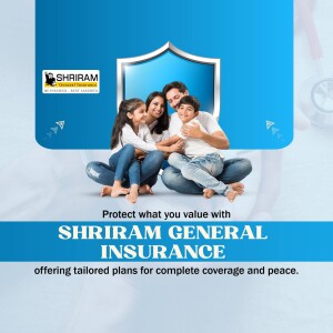 Family sitting together with a shield and Shriram General Insurance logo