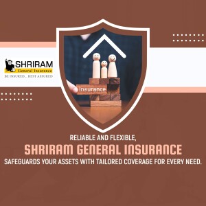 Shriram General Insurance advertisement featuring a wooden family figure on a house-shaped base with the word 'Insurance'.