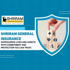 Shriram General Insurance ad with a hand placing a block on a tower of health-related blocks.