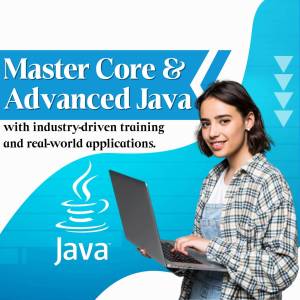 Woman using a laptop with Java logo and course promotion