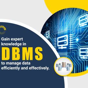 Image promoting a DBMS course with a circuit board background and bold text.