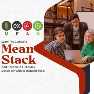 Image depicting a group of people collaborating on a laptop with MEAN stack logos in the background.