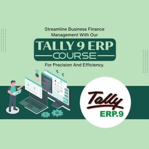 Tally 9 ERP Course advertisement with a person using a laptop and financial data visualization.