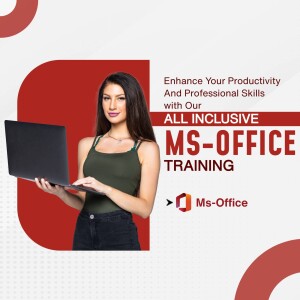 Woman using a laptop with MS-Office training advertisement