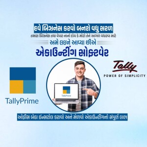 Advertisement for TallyPrime accounting software featuring a man pointing at a laptop displaying the software.