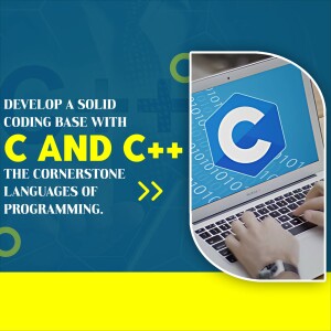 Laptop displaying C and C++ code with text promoting learning these languages