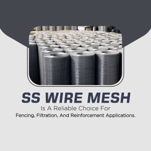 Stacked rolls of stainless steel wire mesh with text overlay