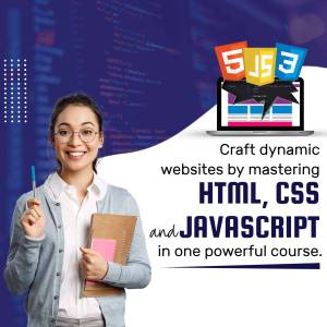 Woman smiling while looking at a laptop displaying code, promoting a web development course.