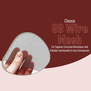 Close-up of stainless steel wire mesh with text promoting its corrosion resistance.