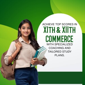 A young woman with books promoting commerce coaching for 11th and 12th grade students.