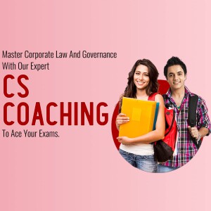 Image of two students with text promoting CS Coaching for Corporate Law and Governance exams.