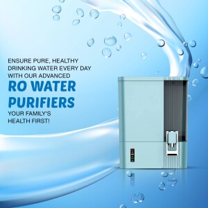 RO water purifier with water splash and text promoting healthy drinking water.