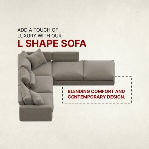 Beige L-shaped sofa with pillows, displayed with a dashed outline and text promoting luxury and comfort.