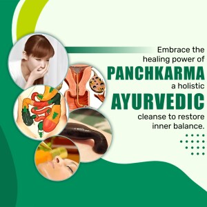 Image depicting Panchakarma, an Ayurvedic detoxification treatment, with illustrations of internal organs and a person receiving treatment.