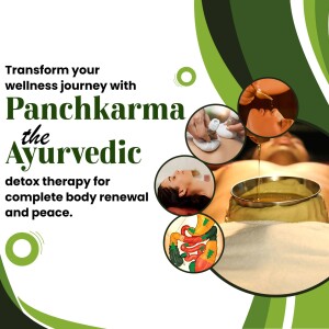 Image depicting Panchakarma Ayurvedic detox therapy with a person receiving treatment and images of healthy food.