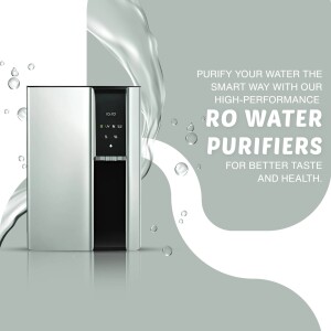 Silver RO water purifier with water splash and text promoting clean water