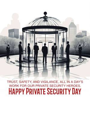 Illustration of security personnel standing around a revolving door with a cityscape in the background.