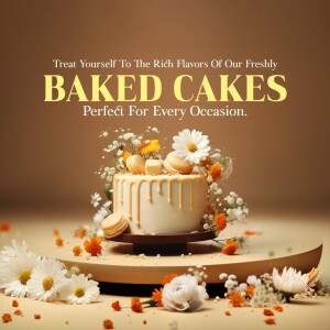A beautifully decorated cake with flowers and macarons, promoting freshly baked cakes.
